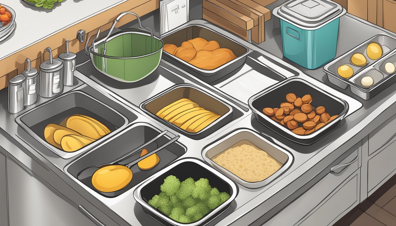 A well-organized kitchen with labeled containers, a meal planner, and cooking utensils neatly arranged on the counter