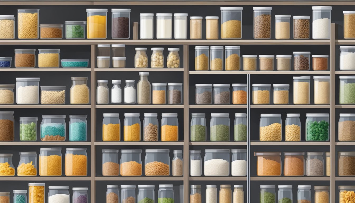 A neatly organized pantry shelf with a variety of clear, airtight containers holding dry goods such as pasta, rice, and flour