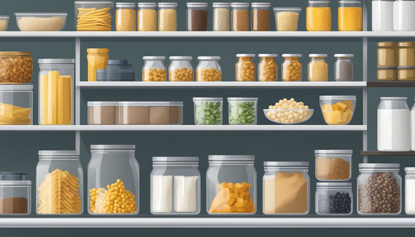 A well-organized pantry shelf filled with a variety of specialty containers and accessories for storing dry goods such as grains, pasta, and snacks