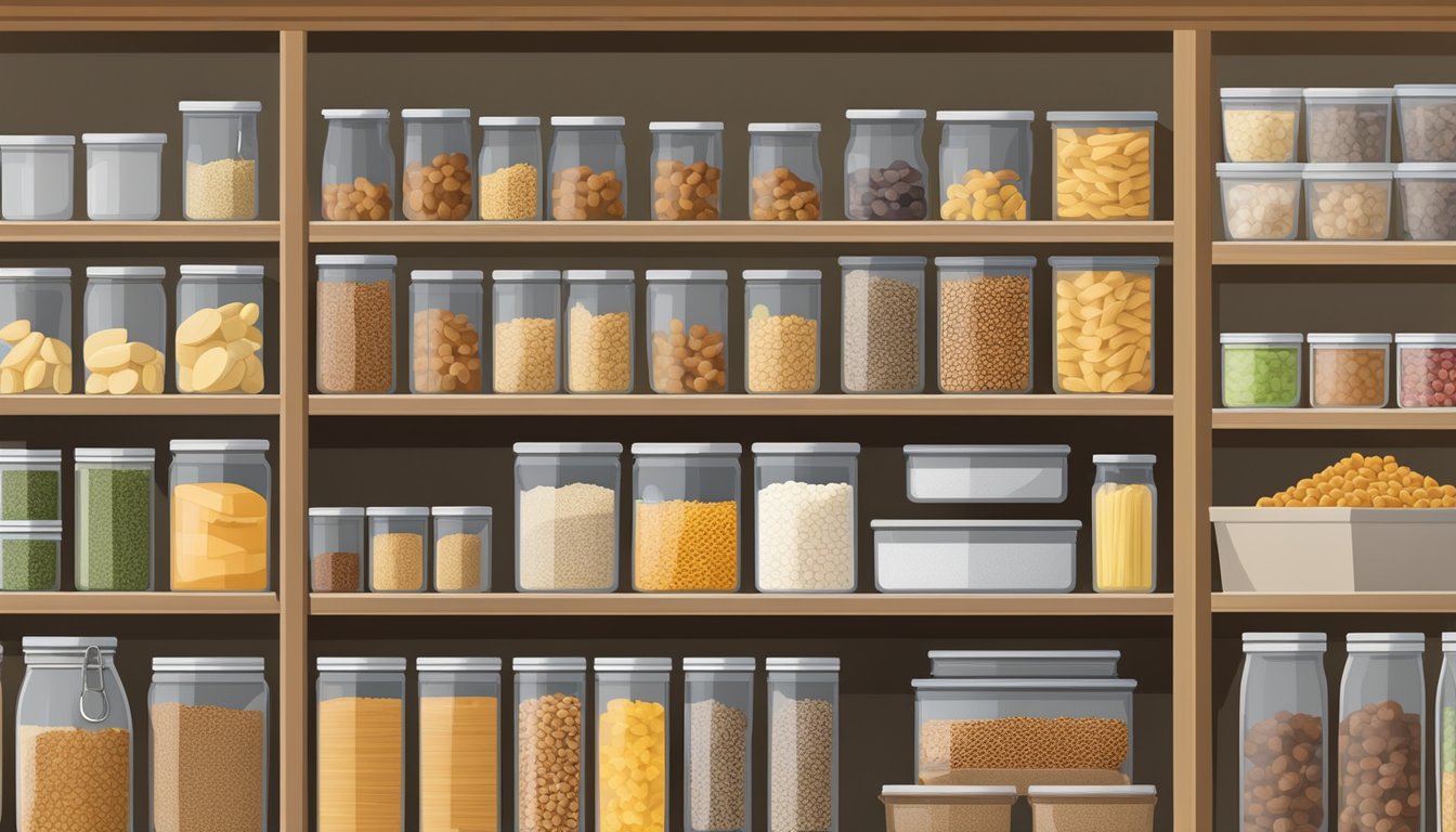 A well-organized pantry with a variety of airtight containers filled with dry goods such as grains, pasta, and snacks, neatly labeled for easy identification and storage