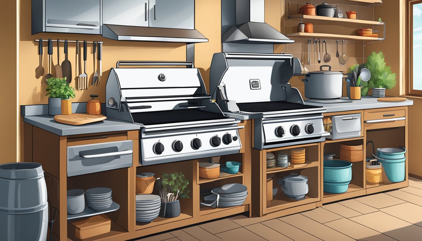 A kitchen counter with a variety of BBQ appliances including a grill, smoker, and utensils neatly organized and ready for use