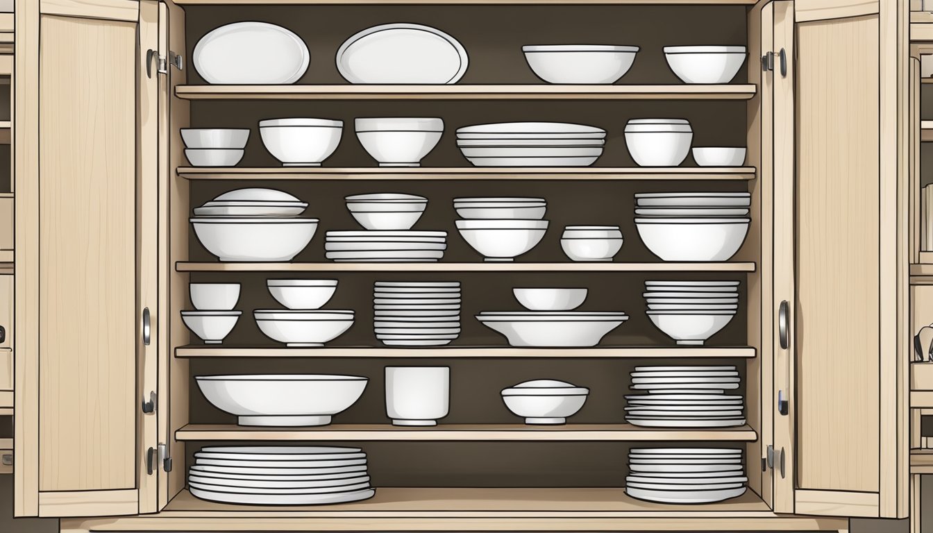 A neatly organized kitchen cabinet with labeled slots for serving platters and trays of various sizes