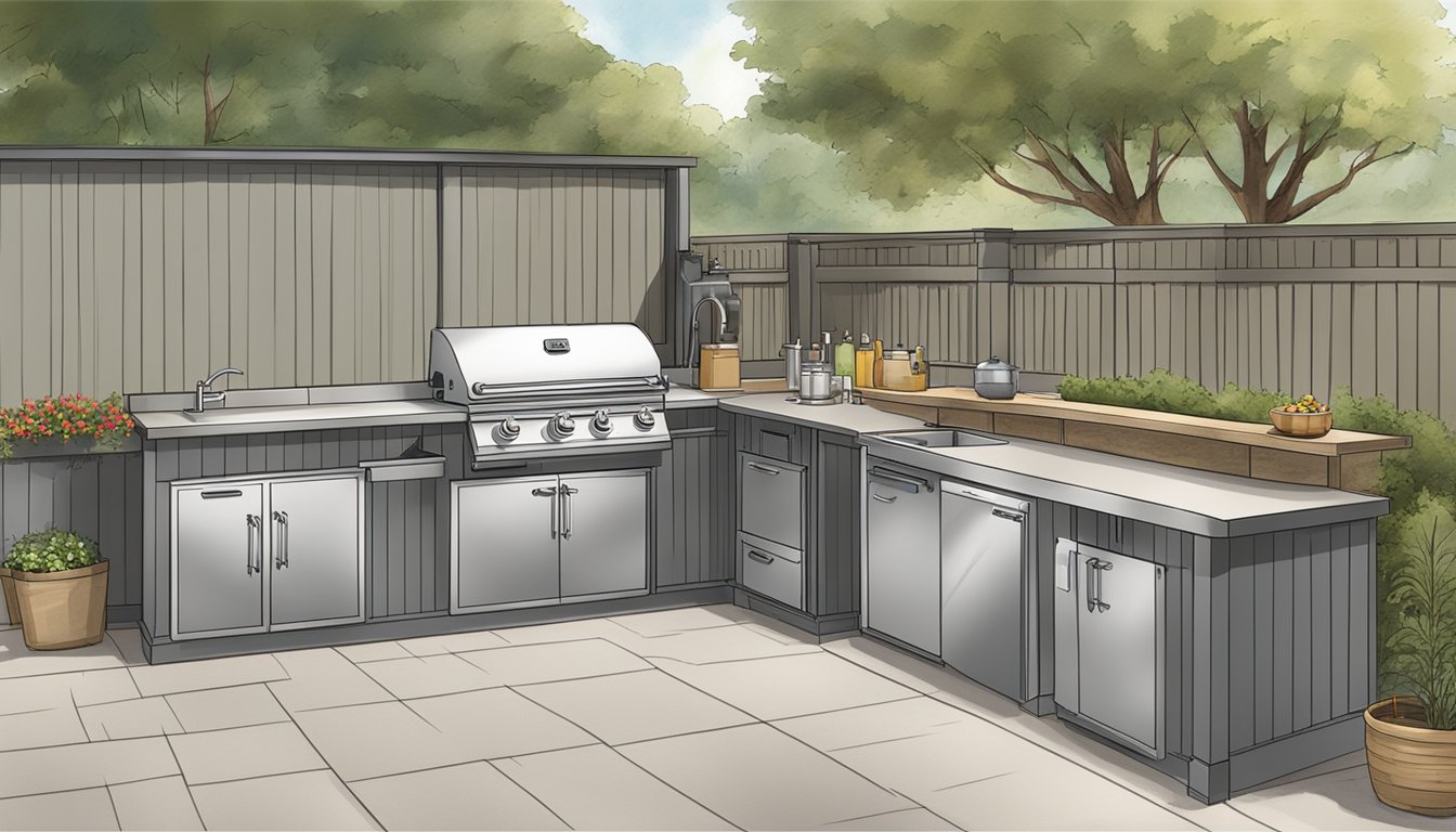 A well-organized outdoor kitchen with labeled utility connections and easy accessibility for BBQ essentials