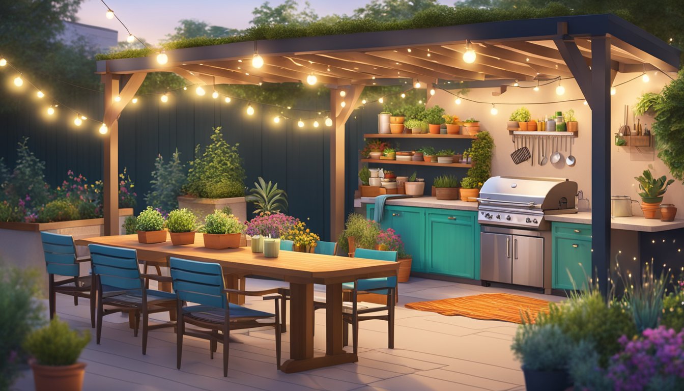 A vibrant outdoor kitchen with hanging string lights, potted plants, and a stylish BBQ station surrounded by colorful table settings and cozy seating areas