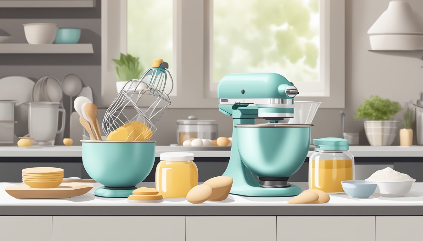 A clean, spacious kitchen counter with neatly arranged baking supplies, utensils, and ingredients. A sleek stand mixer and neatly stacked mixing bowls complete the organized baking station