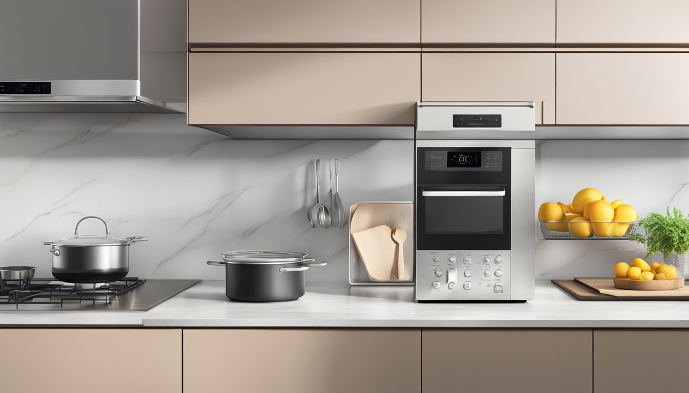 A modern kitchen with sleek, built-in appliances and smart storage solutions for baking supplies. A tablet or digital recipe display is integrated into the countertop