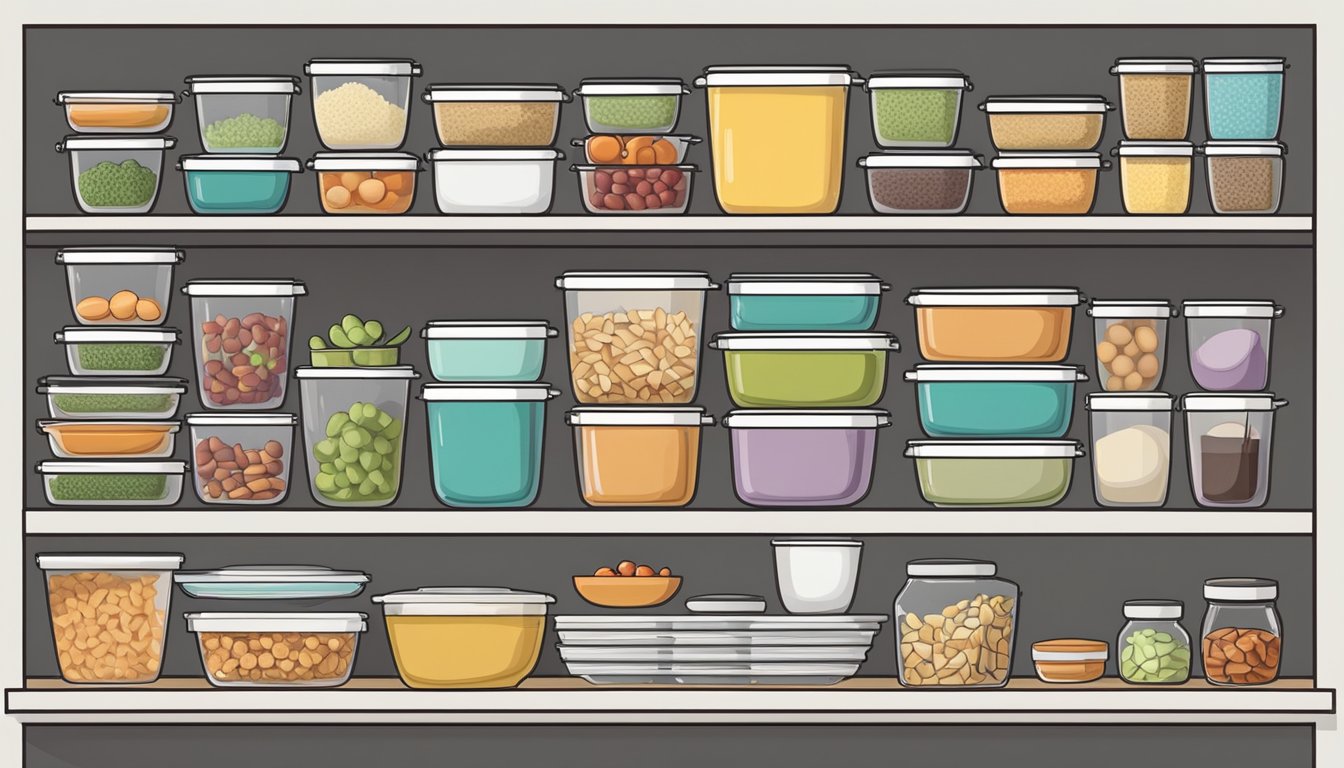 A neatly organized kitchen with labeled containers of various sizes, filled with prepped ingredients and ready-to-serve dishes for a potluck