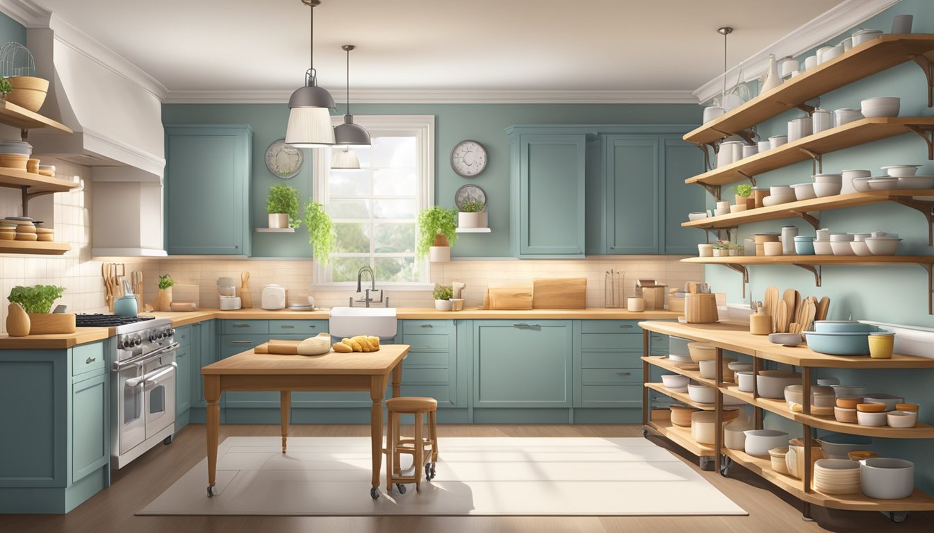 A well-lit, spacious kitchen with a designated baking area. Shelves neatly hold mixers, measuring cups, and other specialized baking tools. A large countertop provides ample workspace for rolling dough and assembling baked goods