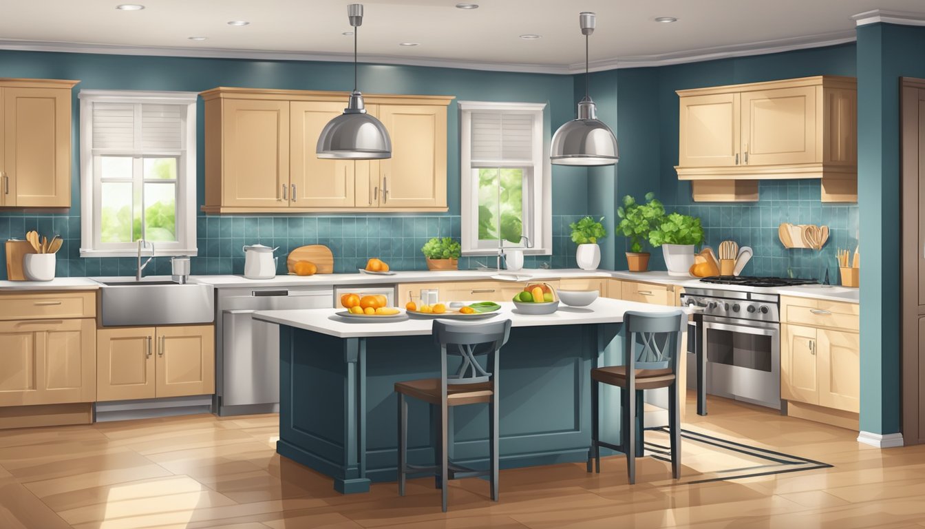 The kitchen is tidy, with sparkling countertops and neatly arranged cooking utensils. A dining table is set with elegant dishes, glasses, and cutlery