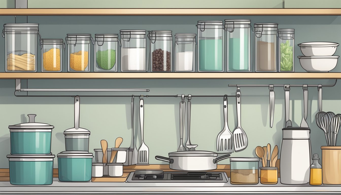 A clean, well-organized kitchen with labeled containers, neatly arranged utensils, and a clear workspace for meal preparation