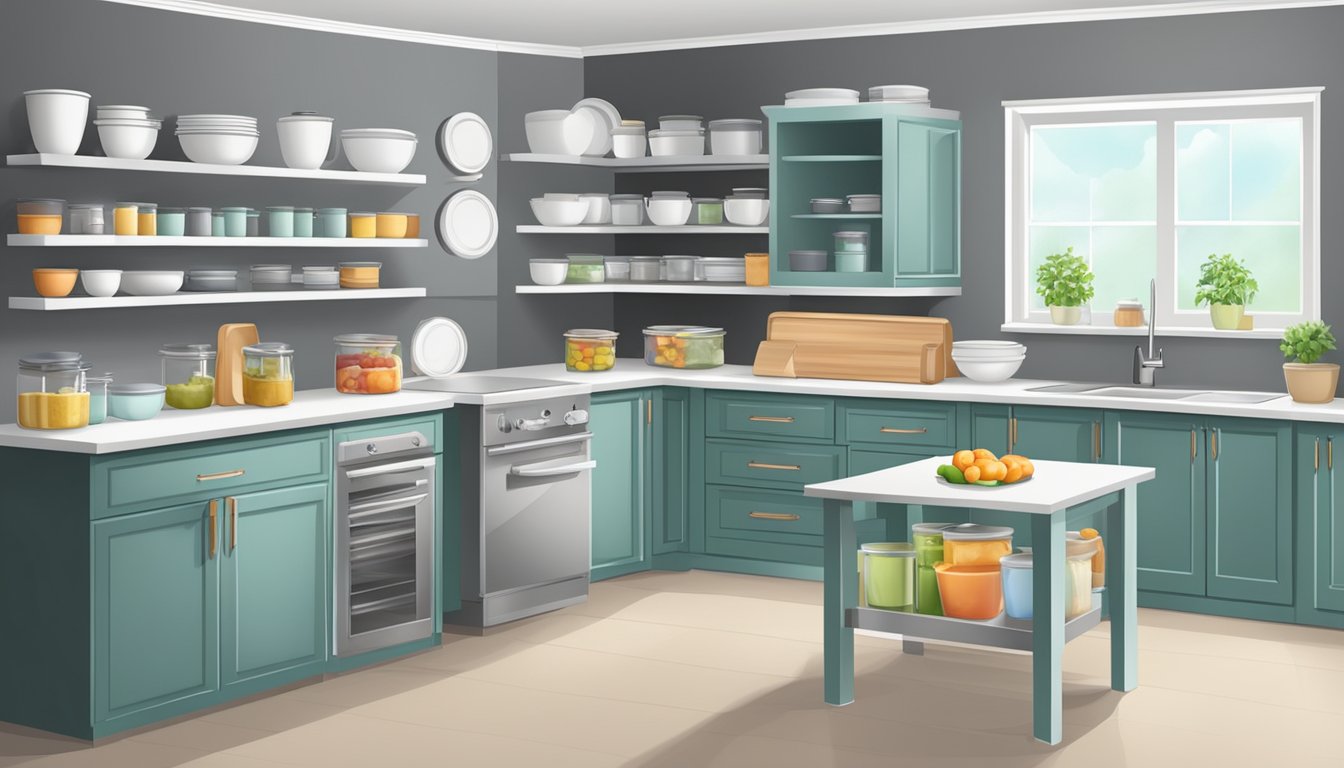 A clean, organized kitchen with labeled containers for food storage and a spacious counter for preparing dishes