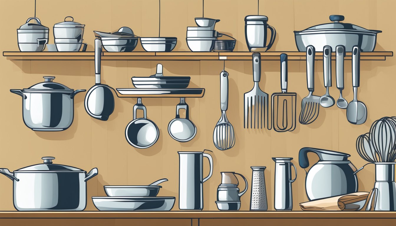 Various kitchen tools and utensils neatly arranged on a countertop, including cutting boards, knives, mixing bowls, and measuring cups