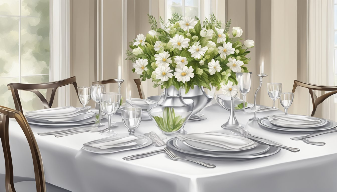 A beautifully set table with elegant place settings, polished silverware, and fresh flowers, all arranged on a crisp white tablecloth