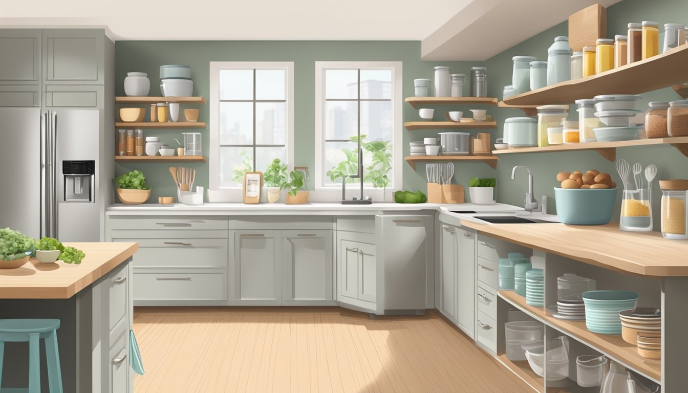 A bright, spacious kitchen with neatly arranged cooking utensils, labeled storage containers, and a well-organized pantry for easy access during brunch preparations