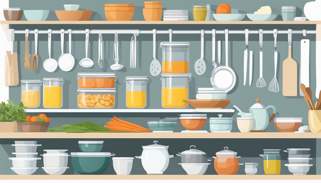 A bright, organized kitchen with neatly arranged brunch ingredients, labeled containers, and streamlined cooking tools