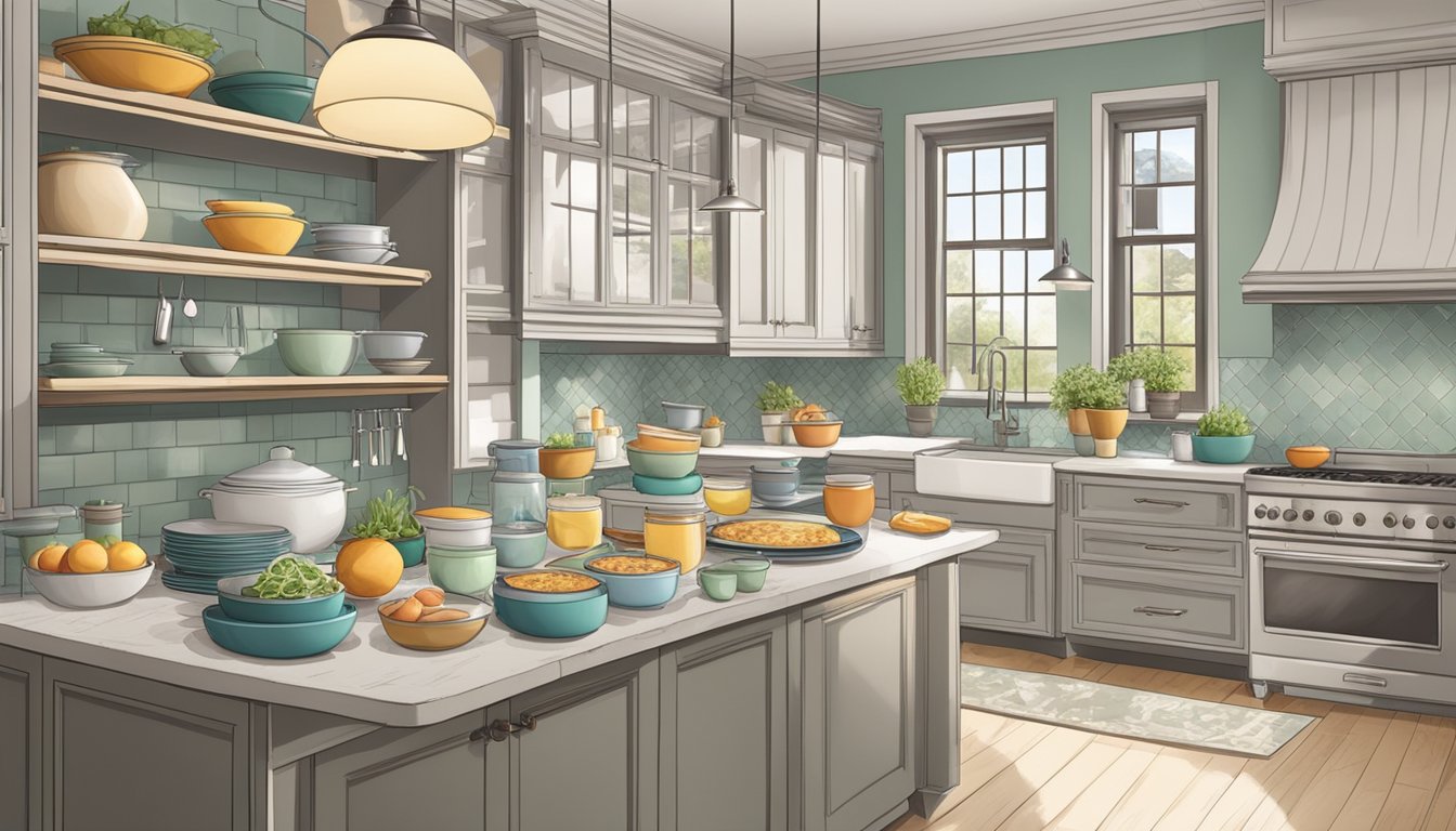 A well-organized kitchen with neatly arranged serving dishes, utensils, and tableware for a brunch spread