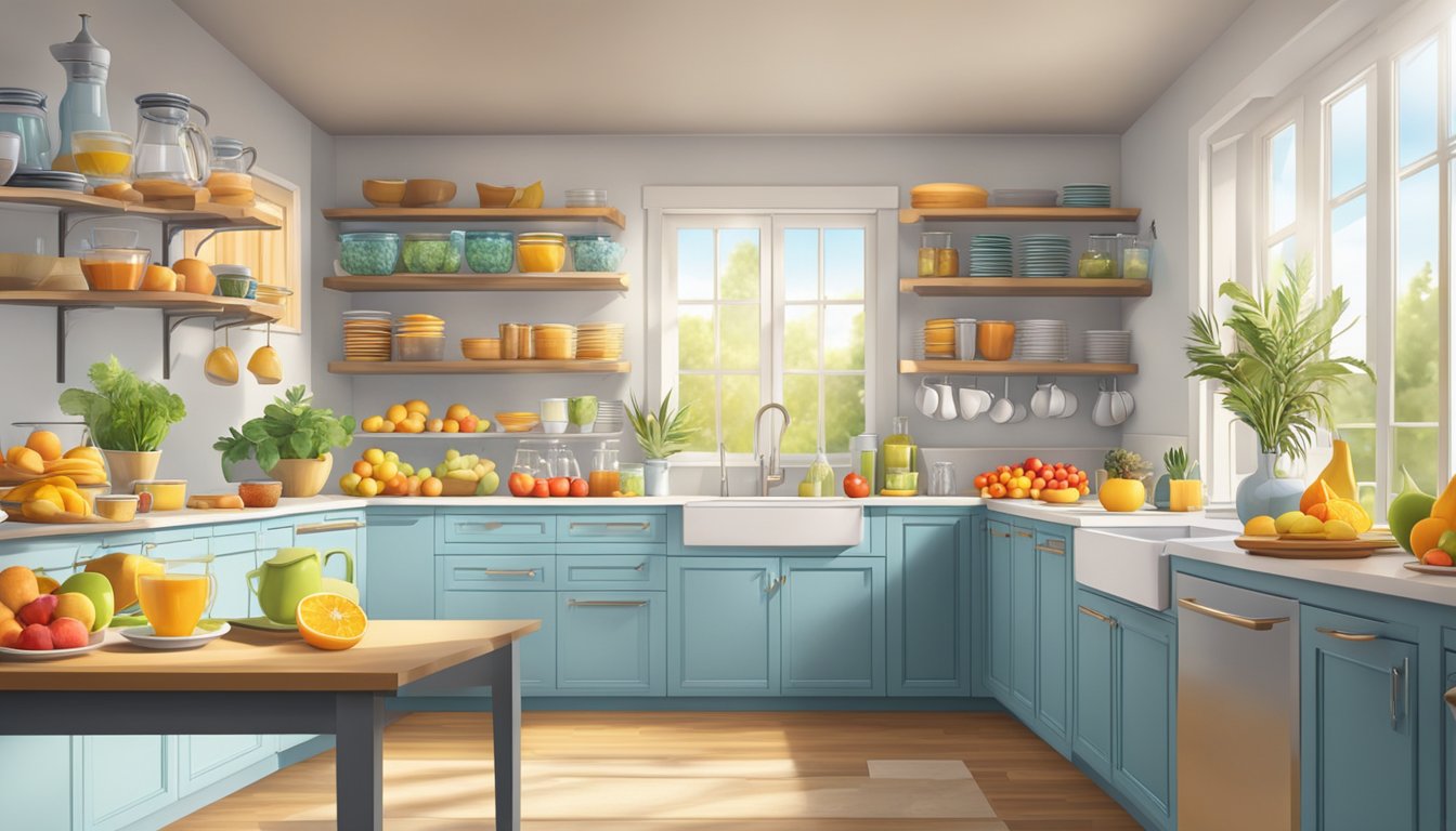 A sunny kitchen with neatly organized shelves of glasses, mugs, and pitchers. A table is set with a colorful array of fruits, pastries, and beverages for a brunch