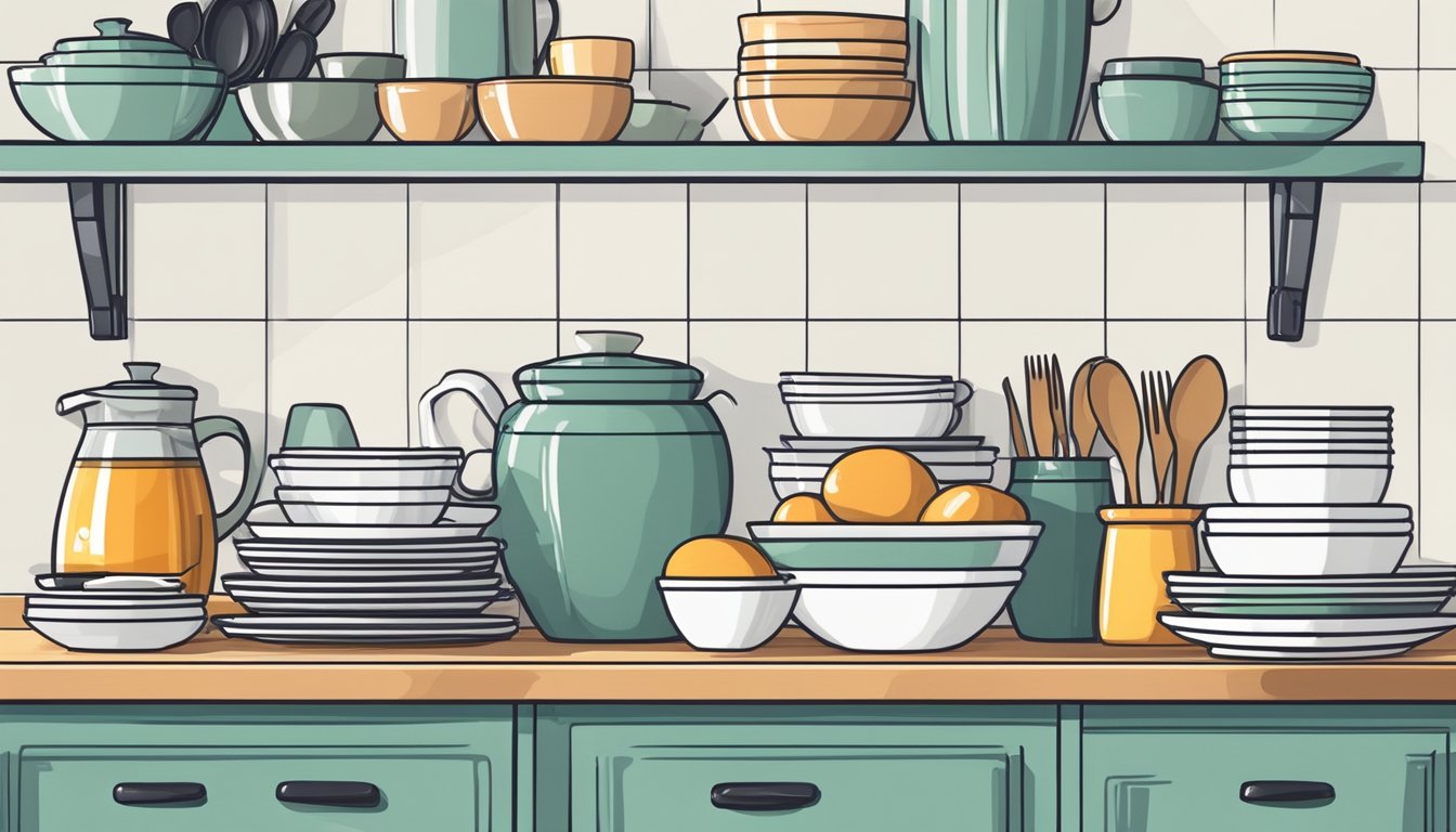 A bright, organized kitchen with neatly stacked dishes, clean countertops, and neatly arranged brunch ingredients