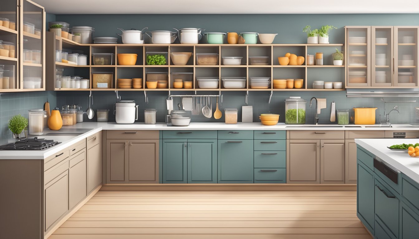 A neatly organized kitchen with labeled shelves and a variety of meal delivery service boxes arranged for easy access