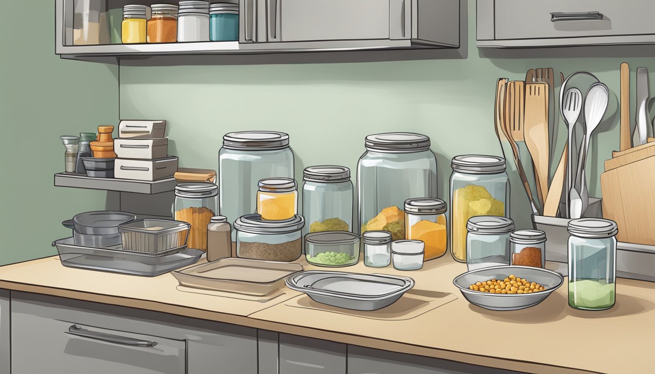 A clean, organized kitchen prep station with labeled containers, utensils neatly arranged, and a clear work surface