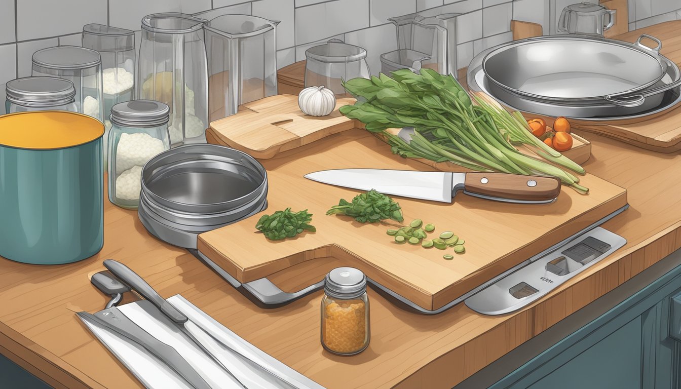 A well-lit kitchen prep station with neatly arranged cutting boards, sharp knives, labeled ingredient containers, and hanging utensils