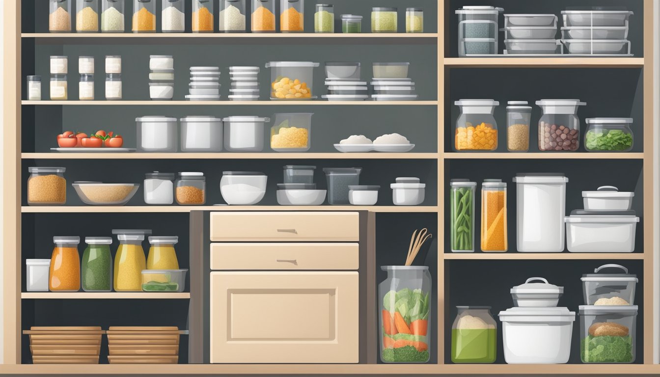 A well-organized kitchen with labeled shelves and drawers for meal delivery ingredients and supplies