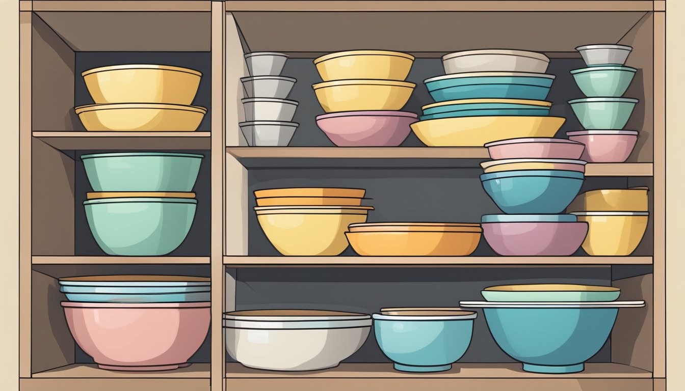 Mixing bowls and baking dishes neatly stacked in open shelving, with labeled compartments for easy access and organization