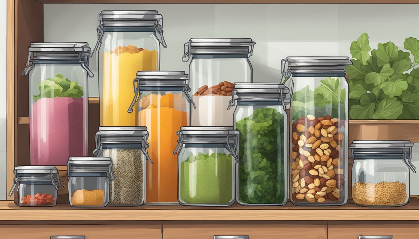 A clean, clutter-free kitchen counter with neatly arranged blender, cutting board, fresh fruit, and leafy greens. Glass jars filled with nuts, seeds, and powders are neatly labeled and lined up on a shelf