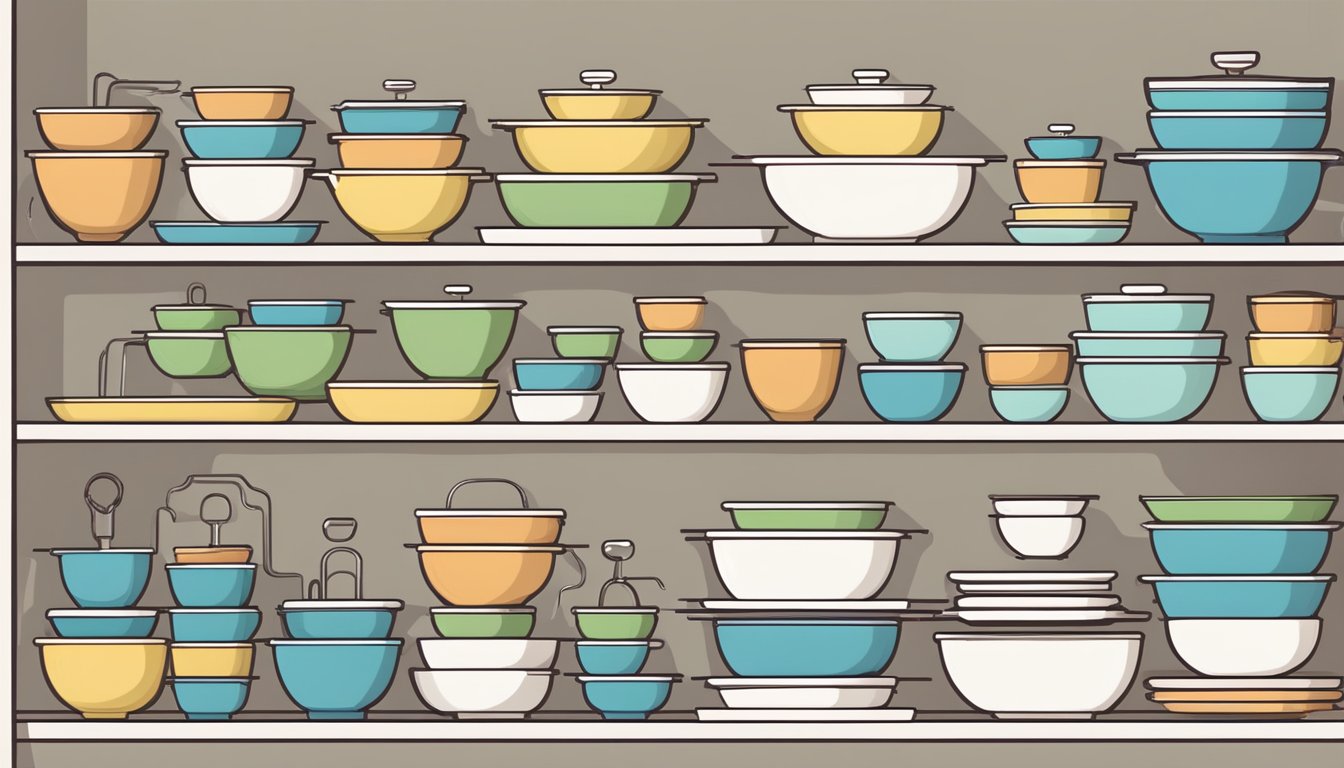 Mixing bowls and baking dishes neatly stacked in open shelving with labeled dividers. Hooks for hanging measuring cups and spoons. A clear countertop with minimal appliances