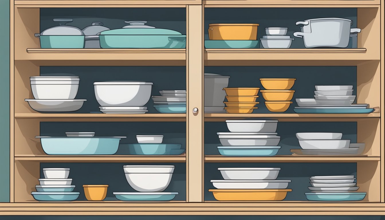 Baking pans and trays neatly stacked in a cupboard, with mixing bowls and baking dishes organized on shelves nearby