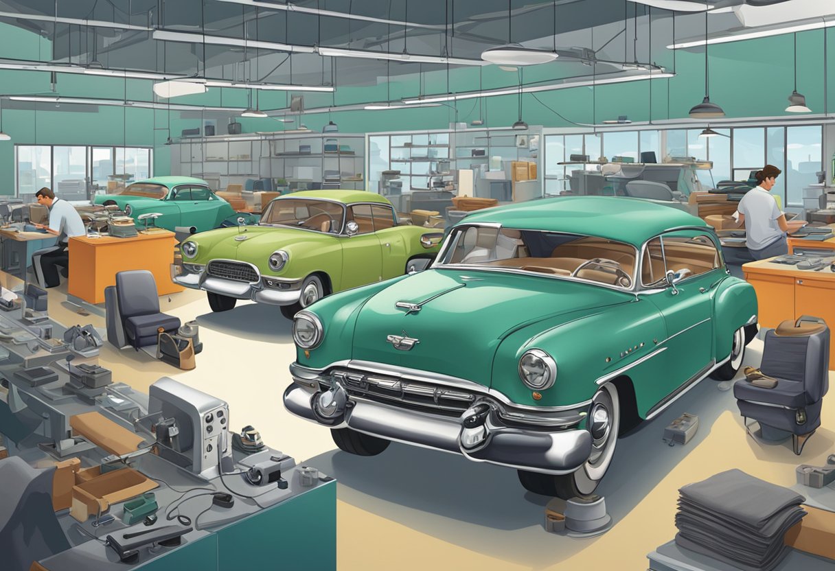 A busy car upholstery in Miami, with rolls of fabric, sewing machines, and workers crafting custom car interiors