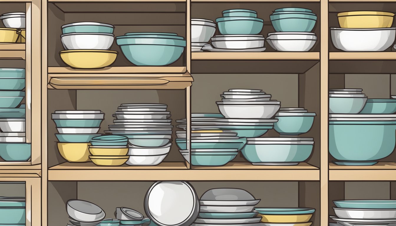 A neatly organized kitchen cabinet with mixing bowls and baking dishes stacked in an orderly manner, with lids placed neatly alongside