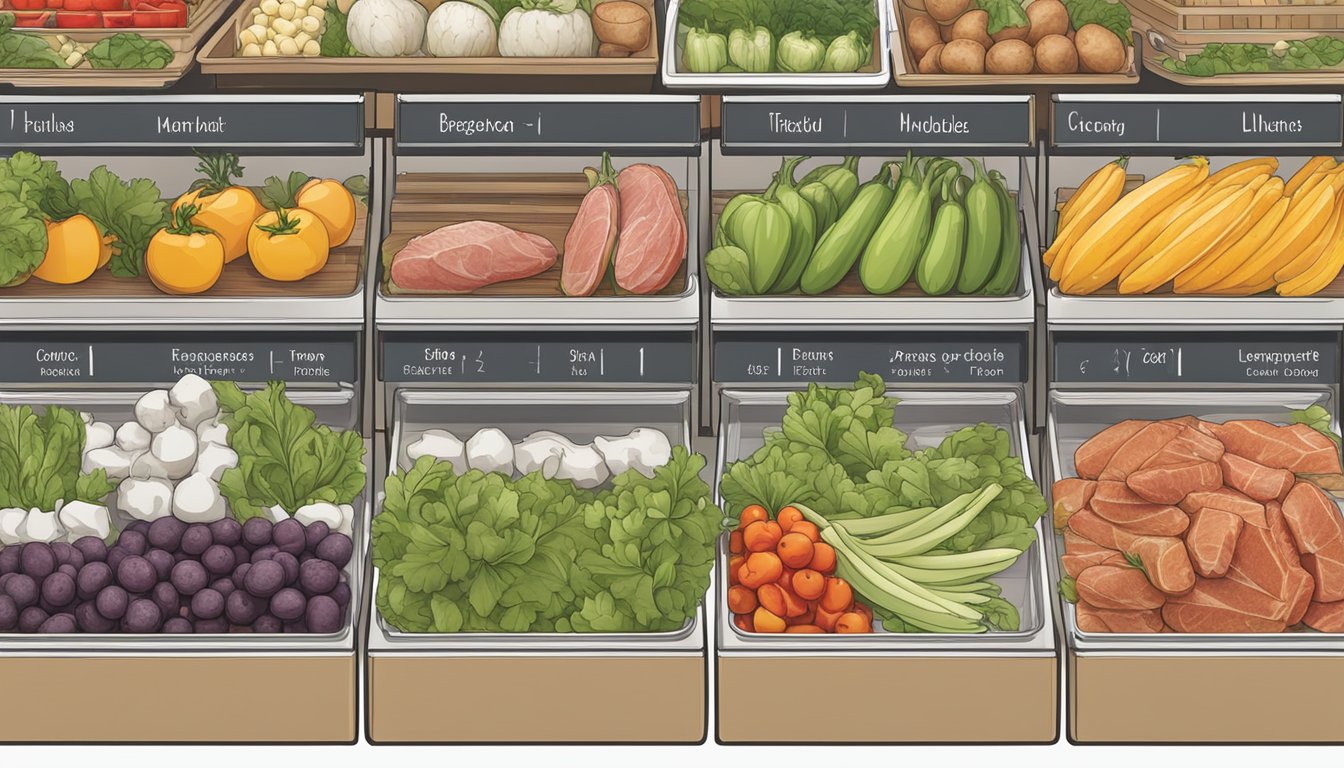 Fresh produce neatly organized in labeled drawers, with meats and dairy separated in designated sections. Temperature indicators and clear containers optimize visibility and accessibility