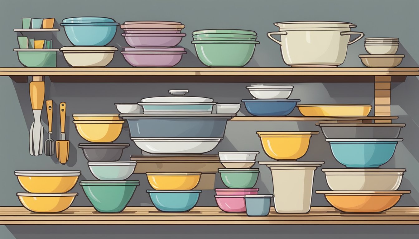 Various sized mixing bowls and baking dishes neatly stacked on open shelves, with smaller baking tools and accessories organized in labeled containers nearby