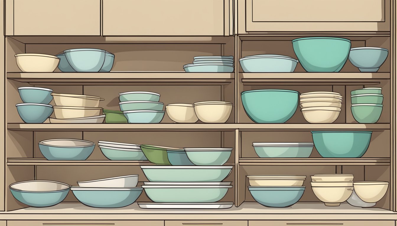 Mixing bowls neatly stacked in a cupboard, baking dishes arranged in a vertical organizer, with labels for easy identification