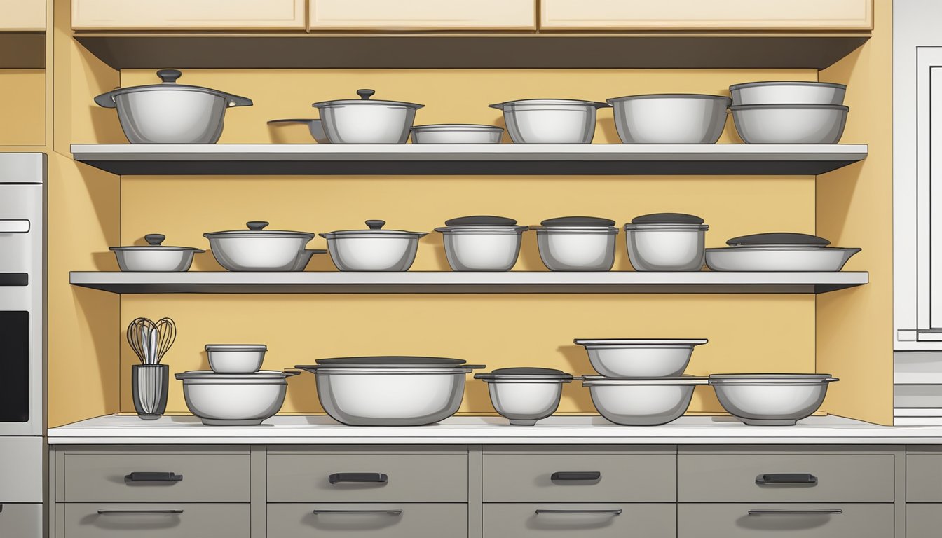 Mixing bowls and baking dishes neatly organized in built-in cabinets with adjustable shelves, next to a sleek and modern kitchen appliance