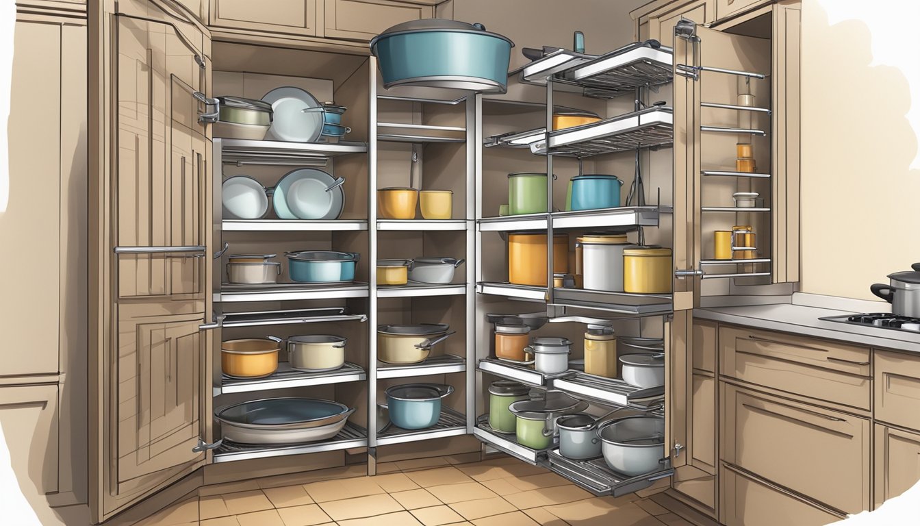 A compact pantry with pull-out shelves and hanging racks neatly storing pots, pans, and cooking utensils