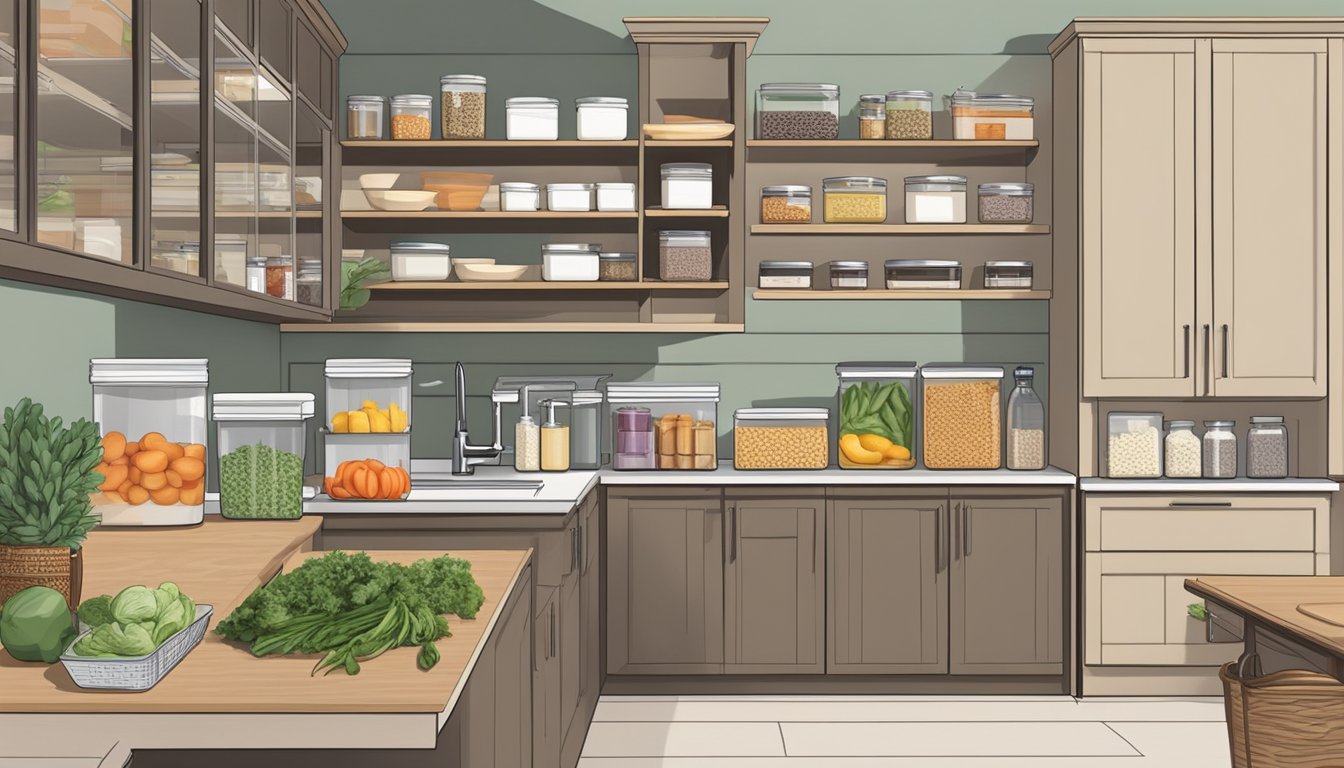 A spacious, well-organized kitchen with labeled containers of fresh produce, lean proteins, and low-carb pantry staples neatly arranged in cabinets and on countertops