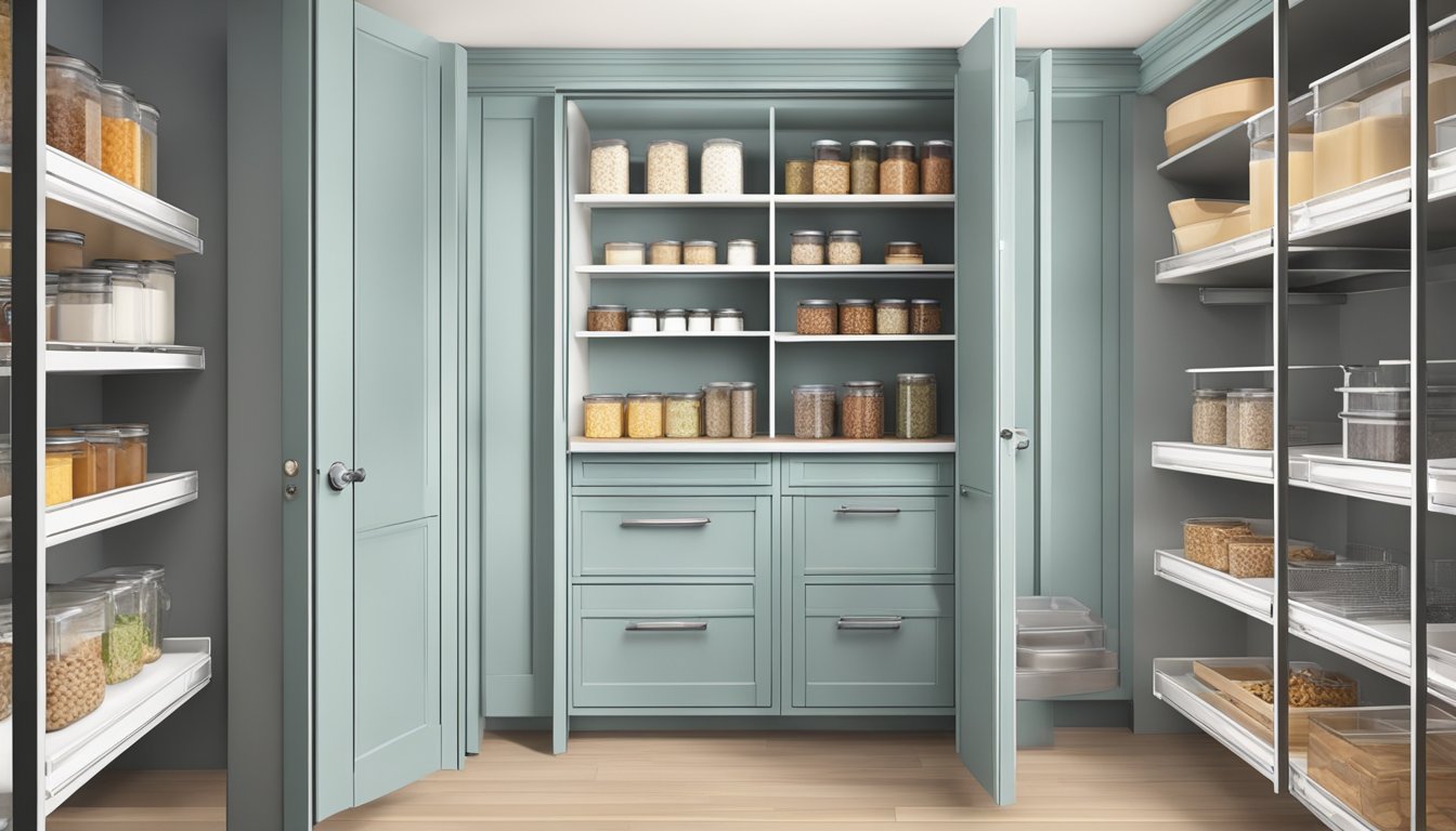 A small pantry with pull-out shelves and hanging organizers for maximum accessibility