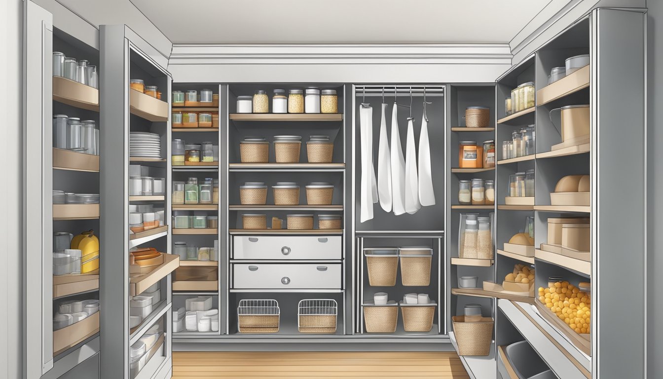 A small pantry with neatly organized shelves, baskets, and hanging racks for efficient storage