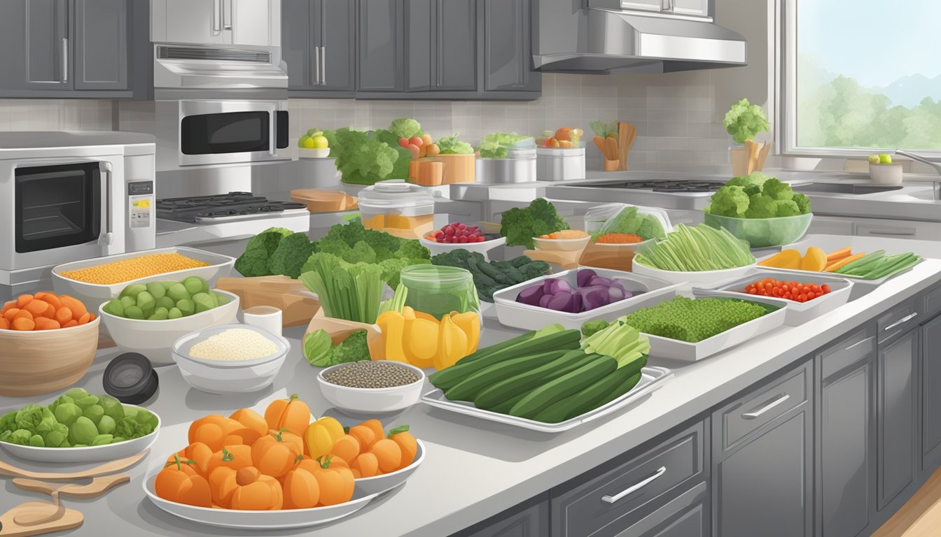 A neatly arranged kitchen with labeled containers of fresh produce, lean proteins, and healthy fats. A clear countertop with organized cooking utensils and appliances