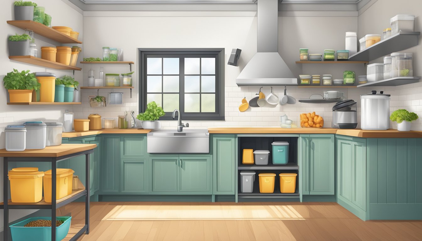 A neatly organized kitchen with reusable containers for bulk items, a compost bin, and a designated area for sorting recyclables