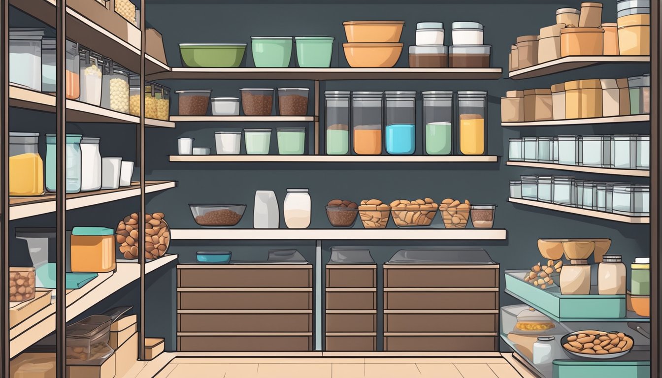 A neatly organized kitchen pantry with shelves stocked with keto-friendly dessert and snack options such as nuts, dark chocolate, and sugar-free baking ingredients