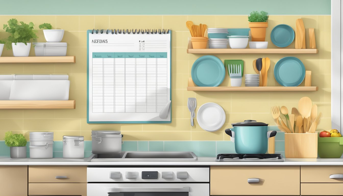 A small kitchen wall with a bulletin board, calendar, meal planner, and shelves for organizing papers and supplies