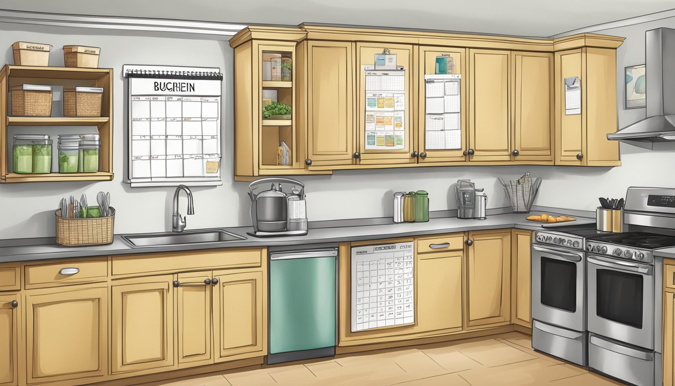 A clutter-free kitchen wall with a calendar, bulletin board, and labeled storage bins for organizing on a budget