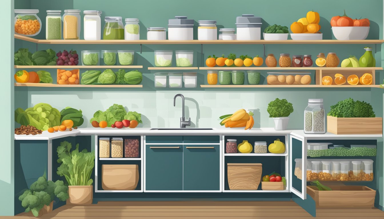 A well-organized kitchen with an abundance of fresh fruits, vegetables, nuts, seeds, and plant-based ingredients neatly arranged in pantry and refrigerator shelves