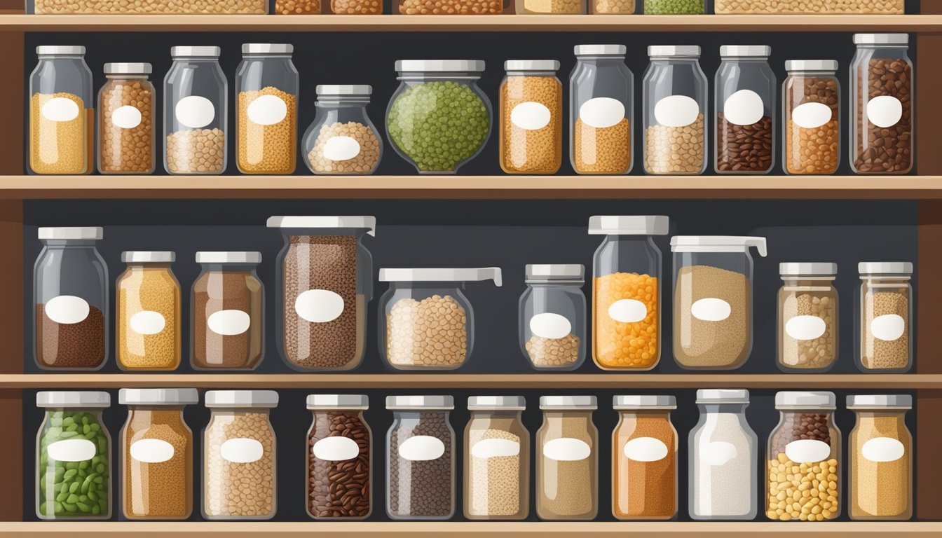 A well-organized kitchen pantry with neatly labeled jars of grains and legumes, arranged in a visually appealing and practical manner for a vegan diet