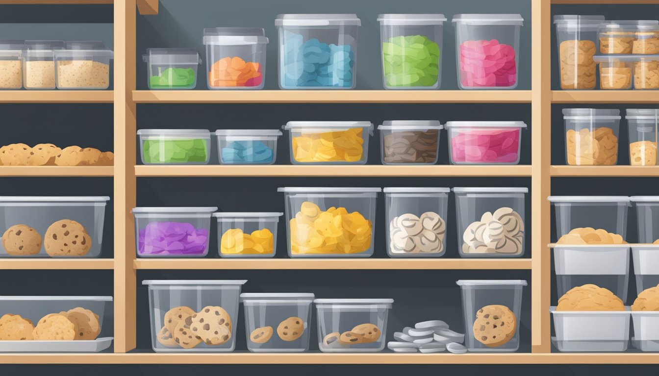 Cookie cutters neatly organized in labeled bins, with baking supplies stored in clear containers on shelves