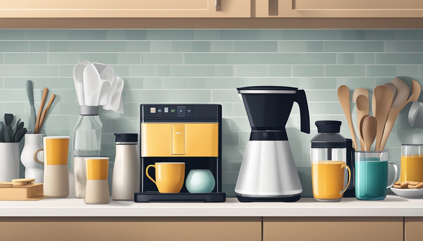 A clean, clutter-free countertop with a coffee maker, mugs, and neatly arranged supplies like sugar, creamer, and stirrers