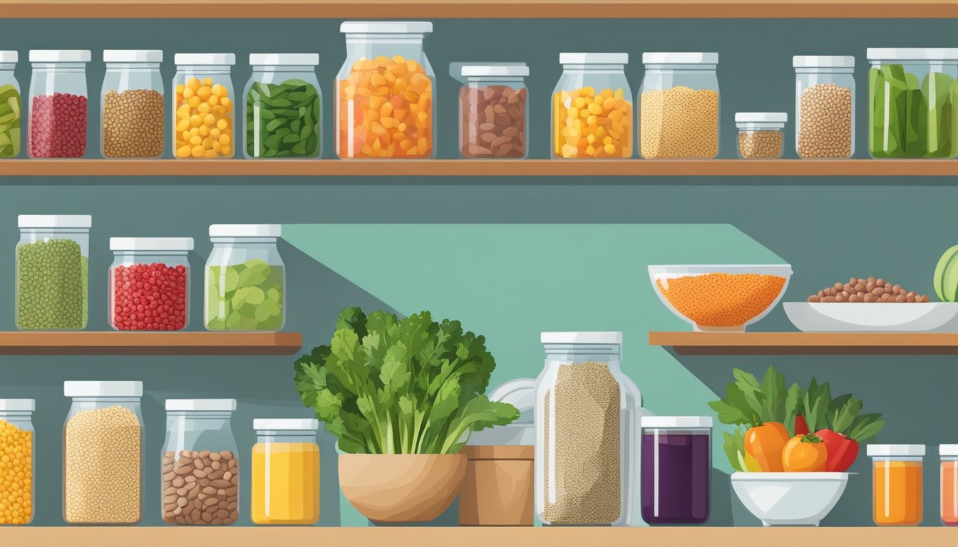 A well-organized kitchen with shelves stocked with a variety of plant-based proteins such as beans, lentils, tofu, and quinoa. A colorful array of fresh fruits and vegetables fills the countertop